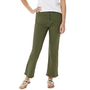 Peace Love World Olive Green Raw Hem Button Front Flare Jeans Women’s Size 2
